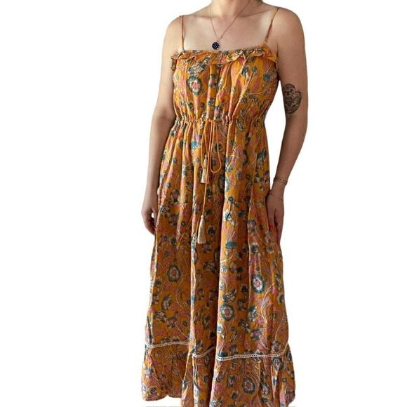 Pibita Marbella Womens Yellow Floral Spaghetti Strap Tropical Maxi Dress Sz M - Picture 2 of 6